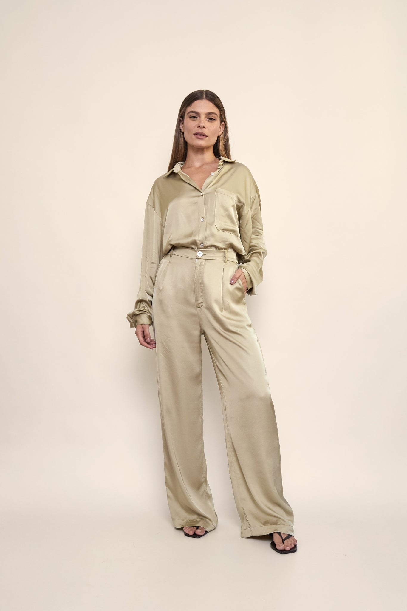 Lila Satin Pants in Sage