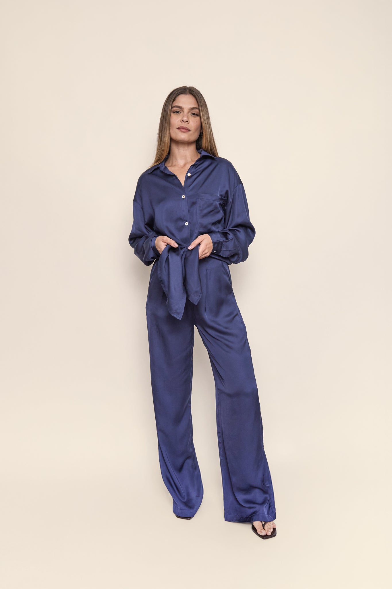 Lila Satin Shirt in Navy Blue