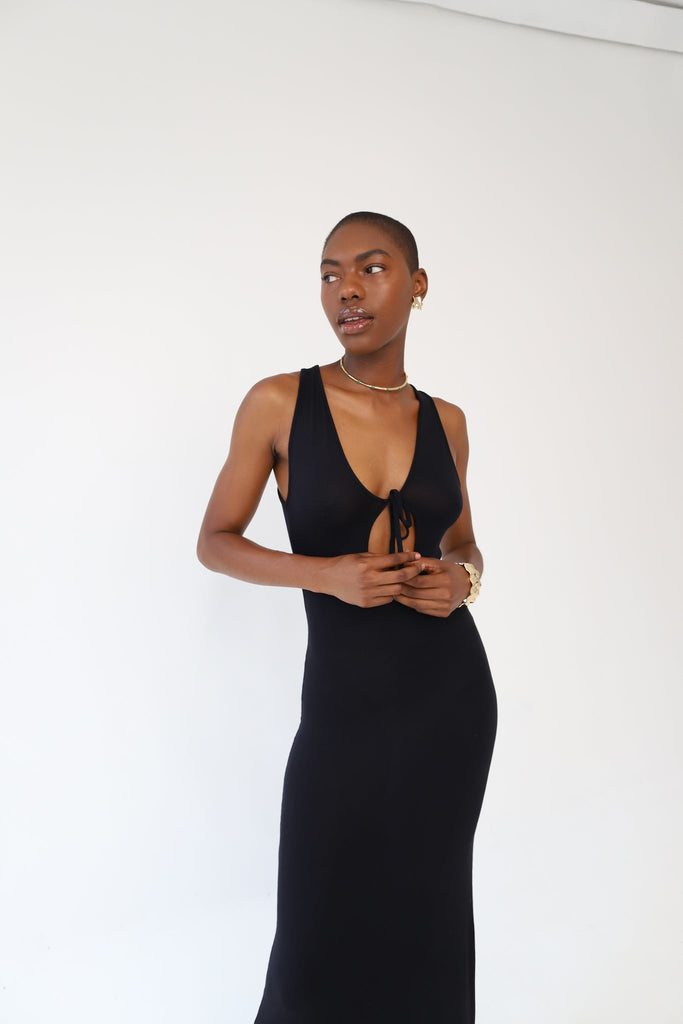 Black Front Tie Aria Maxi Dress - KNYT STUDIOS