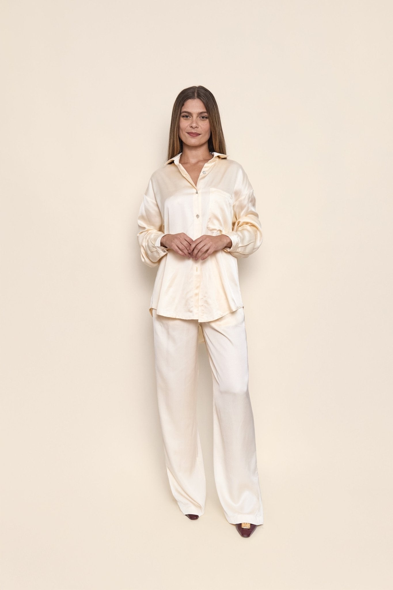 Lila Satin Shirt in Off White - KNYT STUDIOS
