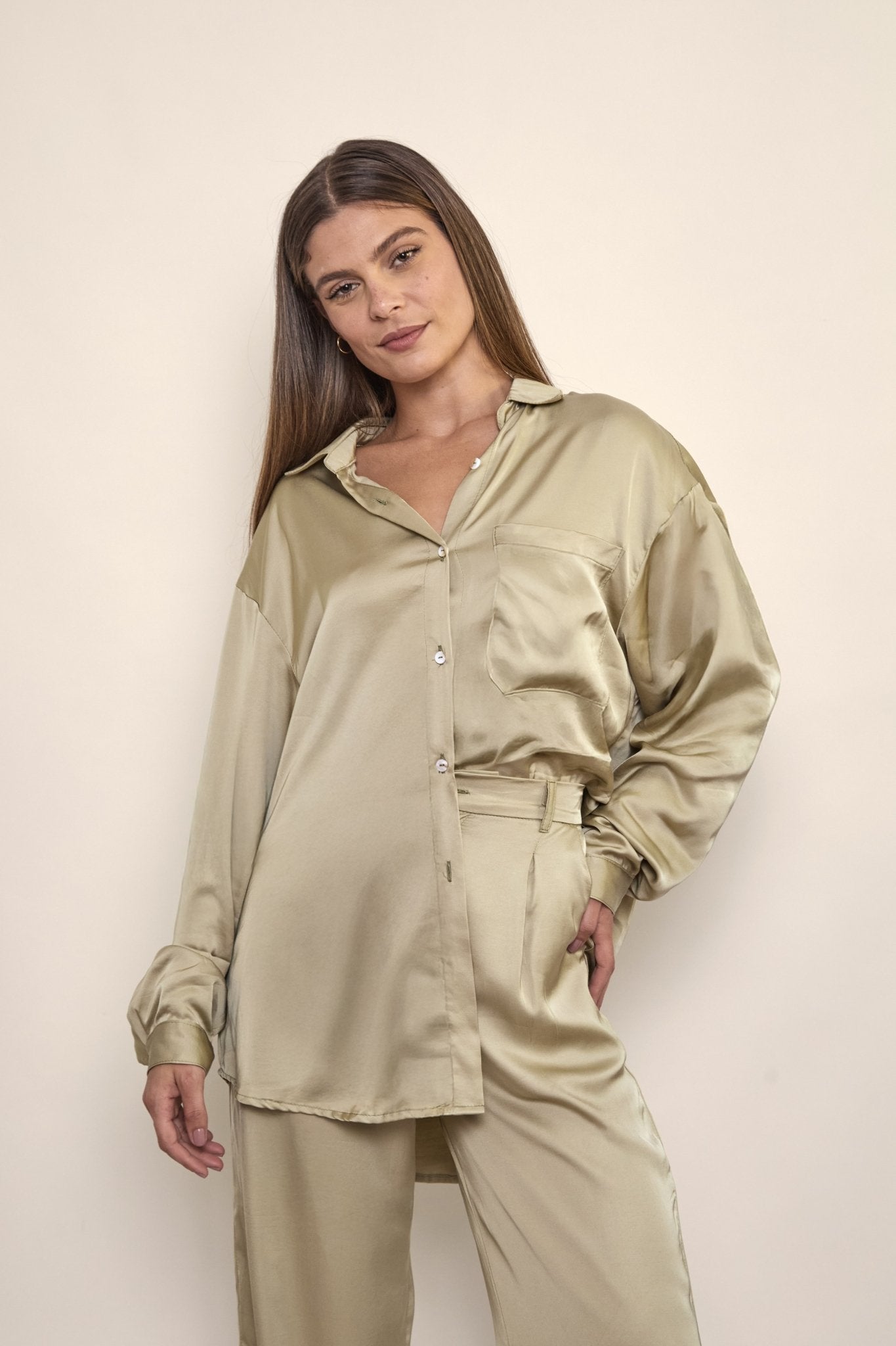 Lila Satin Shirt in Sage - KNYT STUDIOS
